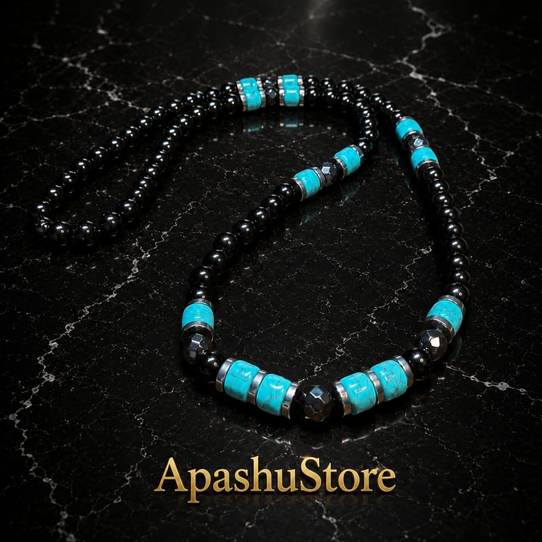 Men's Black Onyx and Turquoise Beaded Necklace – 26 Inch Slip-On Design