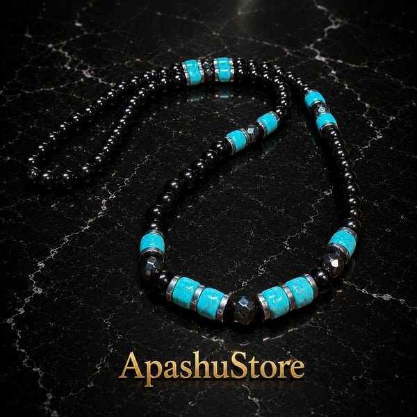 Men's Black Onyx and Turquoise Beaded Necklace – 26 Inch Slip-On Design