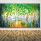 Renewal of Springtime, a vibrant abstract bluebell forest oil painting with deer