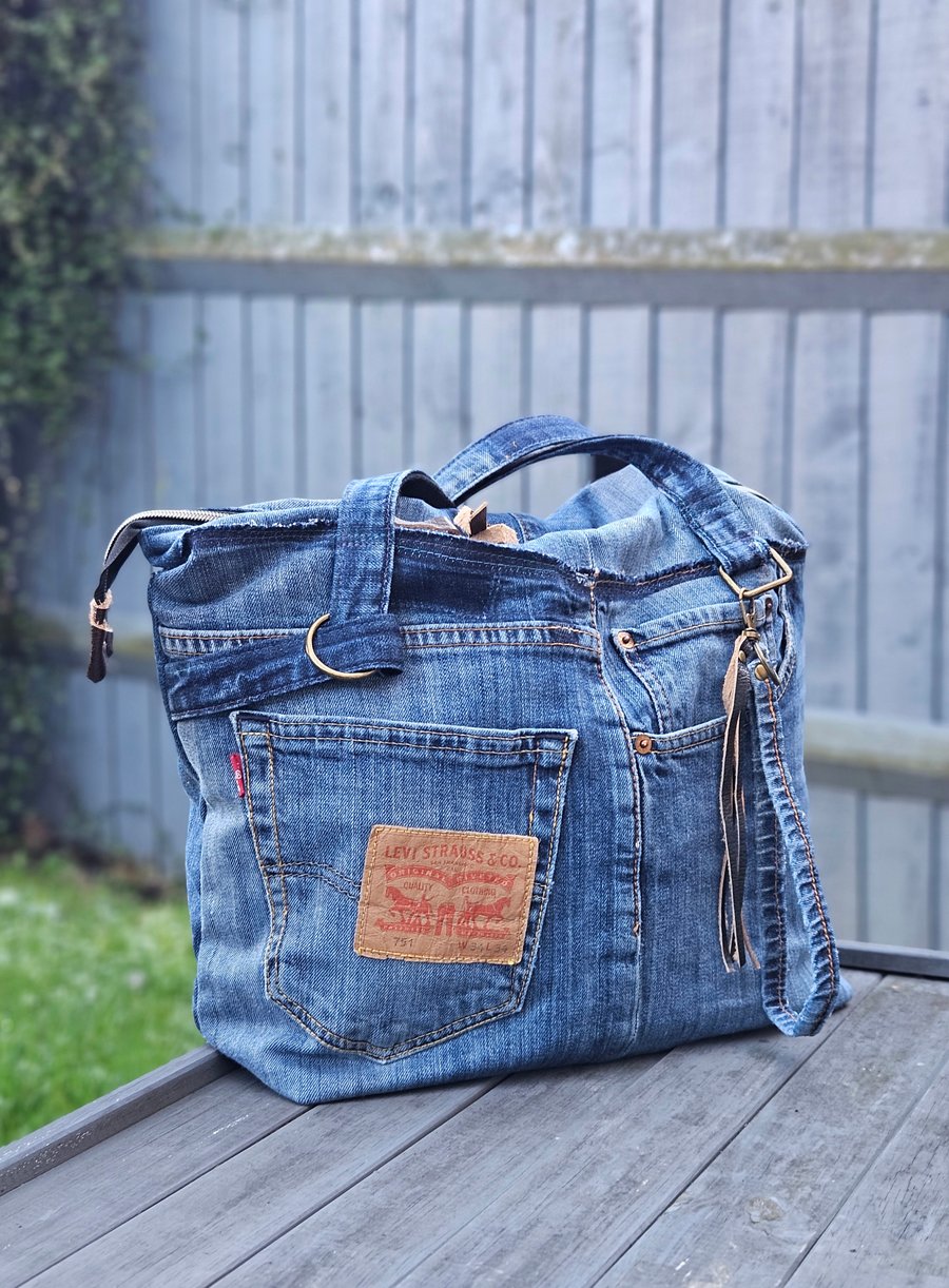 Upcycled Denim Tote Bag, Large Structured Everyday Shopper with Double Zip,