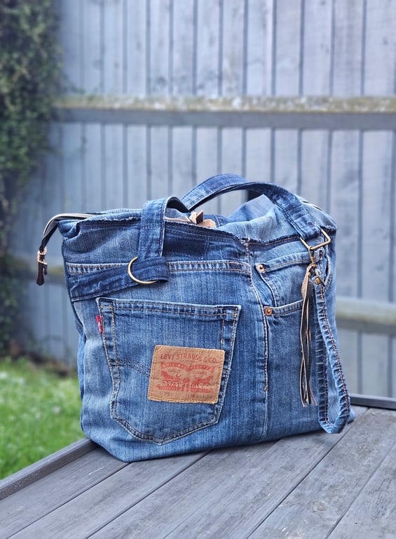 Upcycled Denim Tote Bag, Large Structured Everyday Shopper with Double Zip,