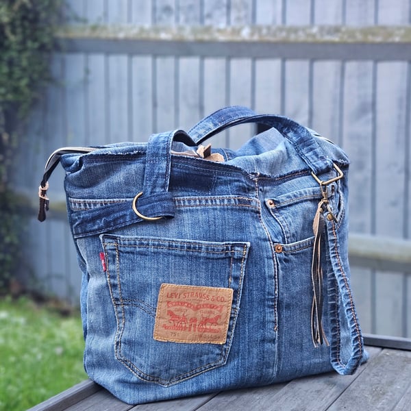 Upcycled Denim Tote Bag, Large Structured Everyday Shopper with Double Zip,