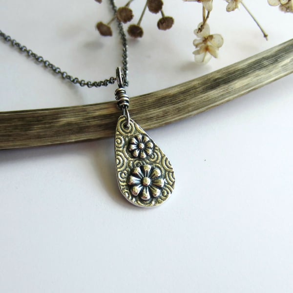 Oxidised Fine Silver Daisy Necklace - April Birth Flower