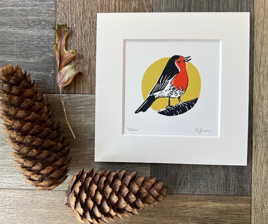 Robin Original Handmade Lino Print Light Yellow Background