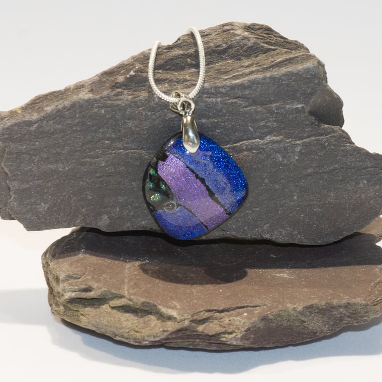 Purple & Blue Patchwork Dichroic Glass Square Pendant with Silver Chain - 1276