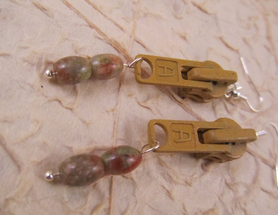 Mustard Yellow Zip Earrings with Chinese Bloodstone Beads