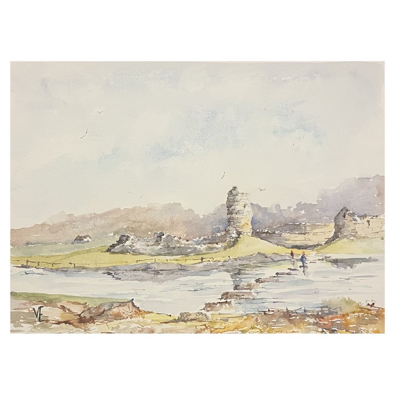 Stepping Stones By The Castle Ruin, original watercolour painting