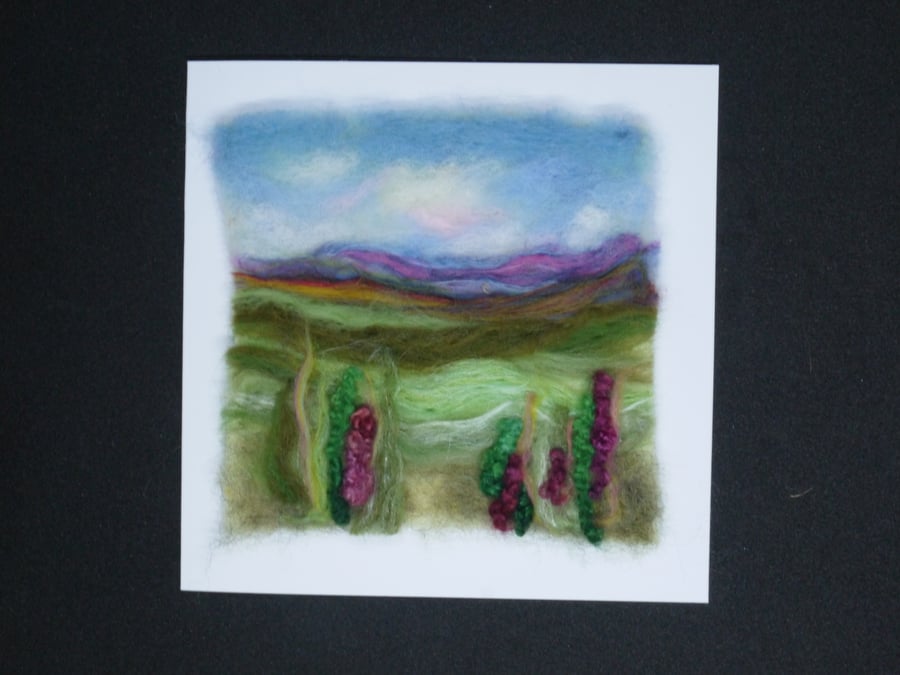 Handmade needle felted Lilac countryside blank greetings card