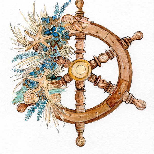 Beach Christmas Wreath Card – Nautical Coastal Christmas Card with Seashells