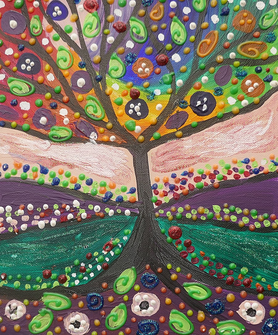 Colourful Quirky Naive  Tree  acrylic painting on canvas 