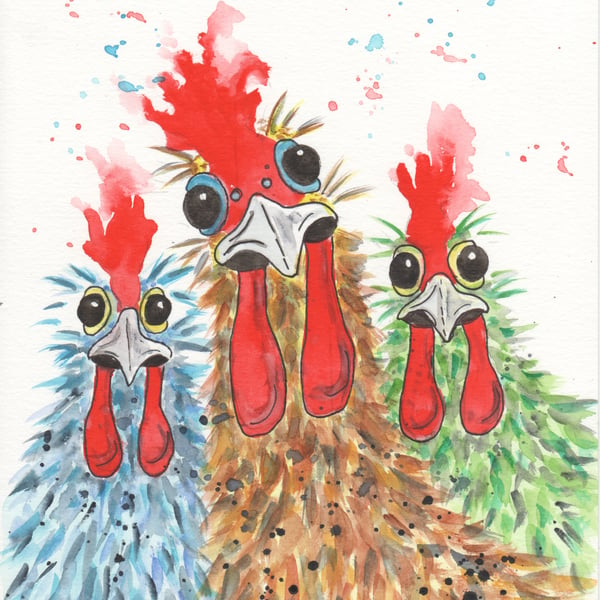 Hello Girls! Chicken original Watercolour Painting