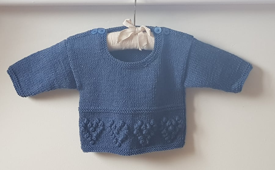 Hand Knitted Denim Blue Jumper with Heart Border 0-6 months