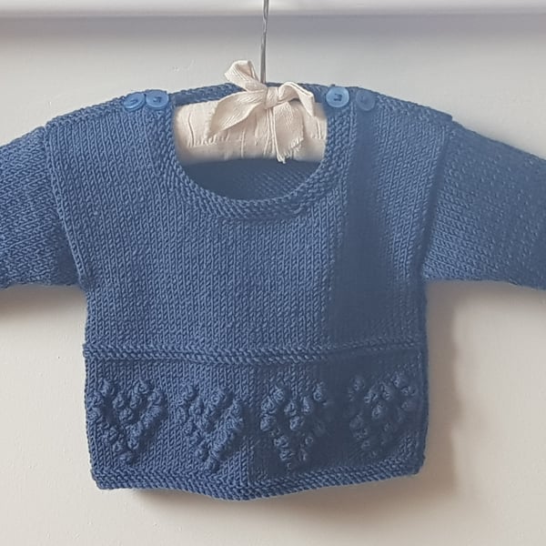 Hand Knitted Denim Blue Jumper with Heart Border 0-6 months