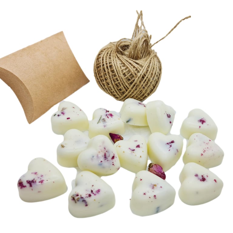 12 HEART BODY LOTION BARS 10g Each -Rose & Lavender Oils, Cocoa & Shea, Petals