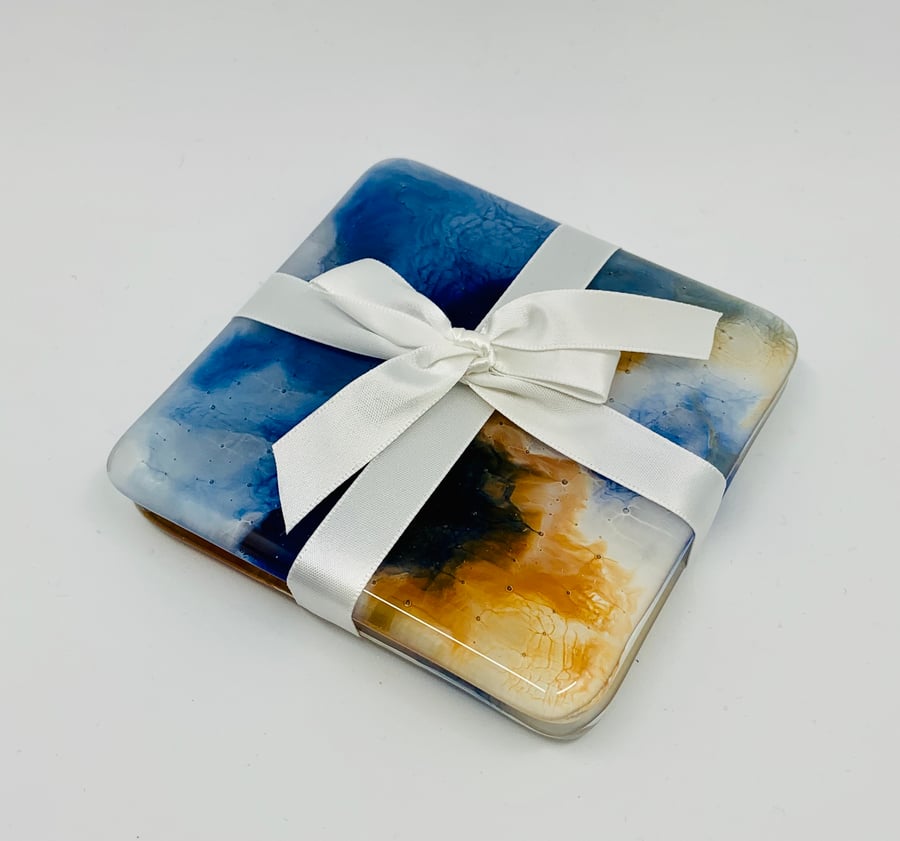 Two Fabulous Fused Glass Coasters painted with enamel paints 
