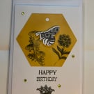 Handcrafted queen bee birthday card hand stamped flowers rhinestones 