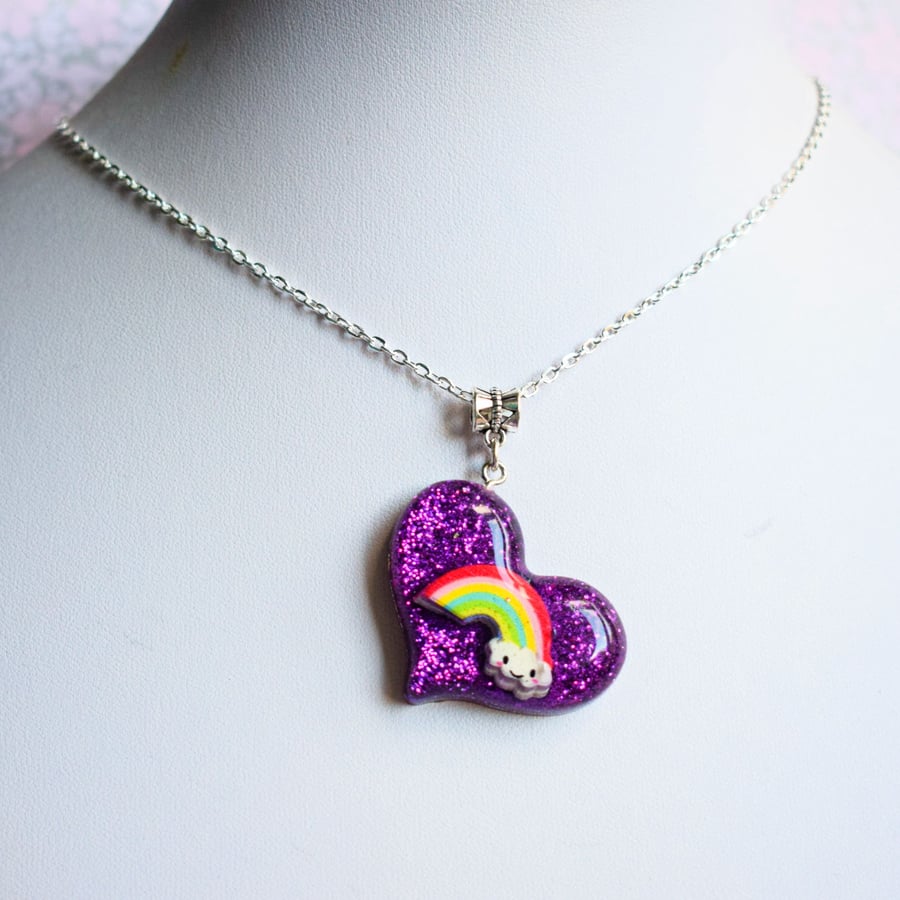 Purple Glitter Rainbow Heart Necklace