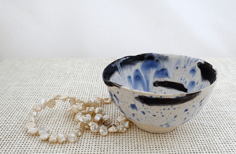 Ceramic jewellery bowl in black white royal and midnight blue - handmade pottery