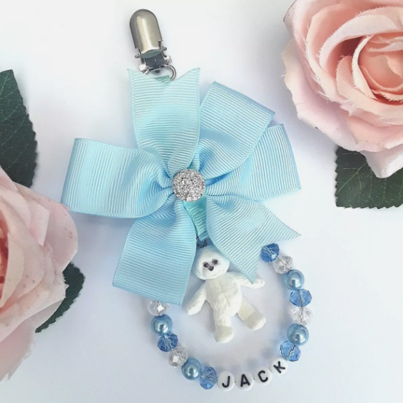 Personalised Teddy Crystal Pram Charm, New Baby gift, Blue Baby shower gift