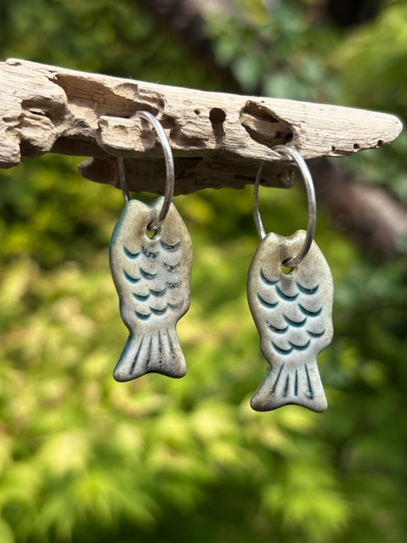 Sterling Silver Endless Hoop Leaf Earrings with Handmade Glazed Porcelain Fish