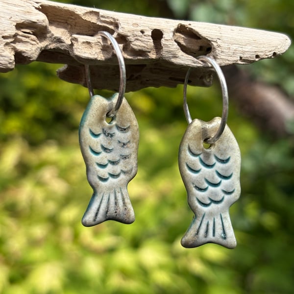 Sterling Silver Endless Hoop Leaf Earrings with Handmade Glazed Porcelain Fish