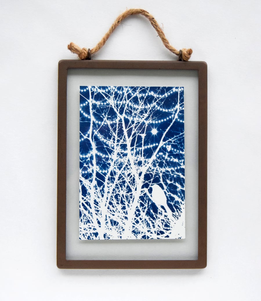 Bird in Winter branches Cyanotype in industrial style metal & glass frame