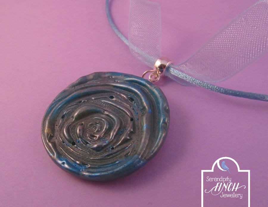Blue Rose Pendant Ribbon Necklace with Jewel Enamel