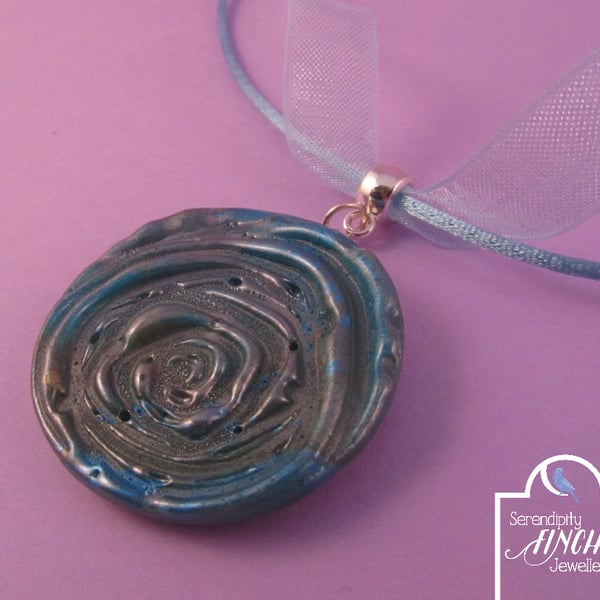 Blue Rose Pendant Ribbon Necklace with Jewel Enamel