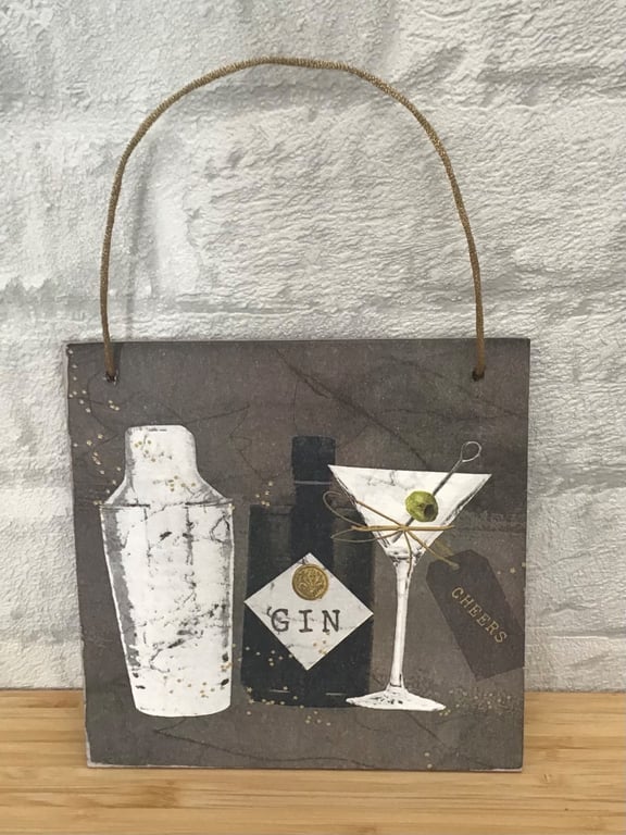 Hand-made wooden wall plaque.  Gin cocktails design.