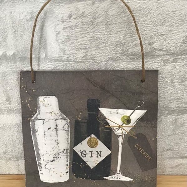 Hand-made wooden wall plaque.  Gin cocktails design.