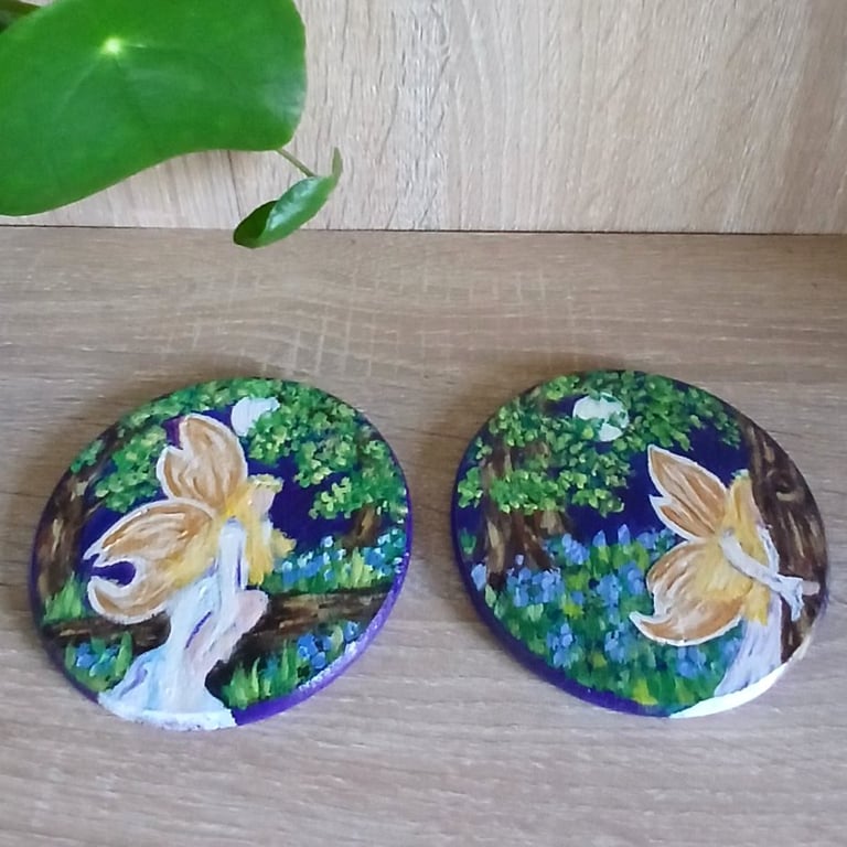 Fairy coasters set of 2, handpainted circular pine wooden 
