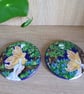 Fairy coasters set of 2, handpainted circular pine wooden 