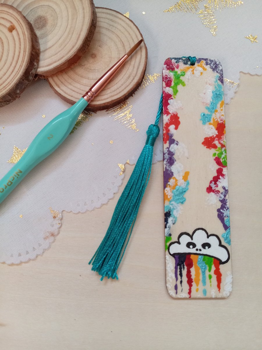 Wooden rainbow cloud bookmark 