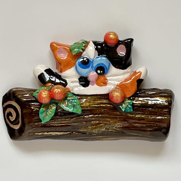 Hand Made Cat with Yule Log Magnet