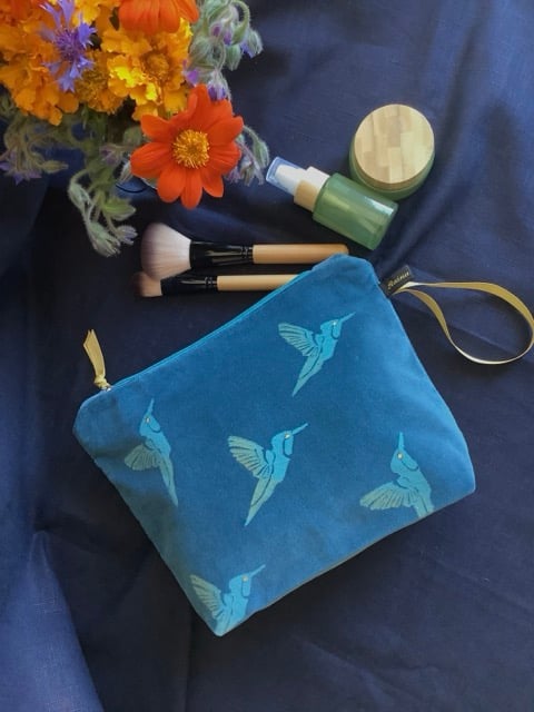 Teal Hummingbirds Velvet Makeup Bag