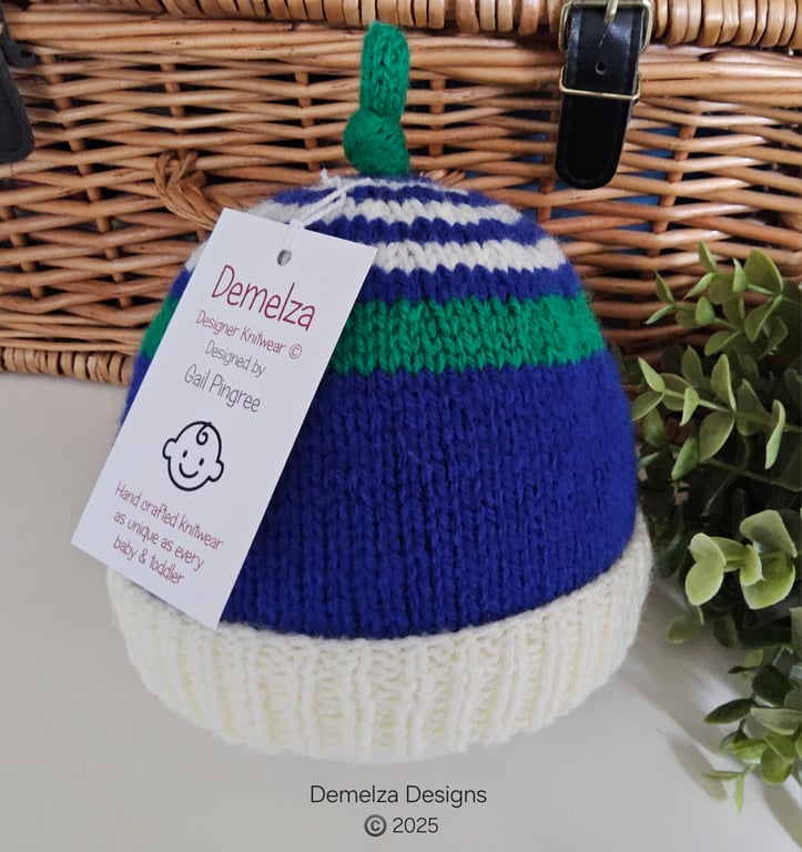 Designer Hand Knitted Baby Boy's Knotted Beanie Hat 6-12 months size