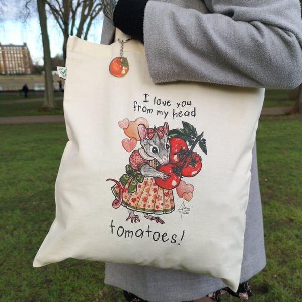 TOTE BAG (ECO-FAIR TRADE) & KEY RING "From my head tomatoes"