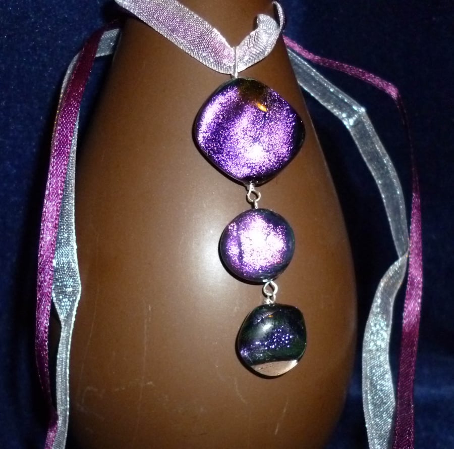 Hand made kiln formed dichroic glass tier pendant with textile necklace- purple