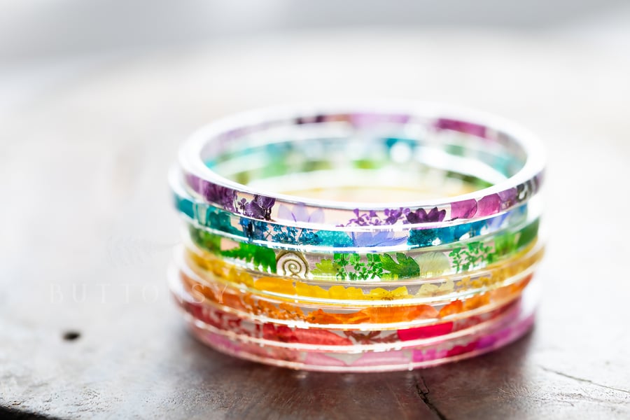 Real Flower Rainbow Stacking Bangles Set