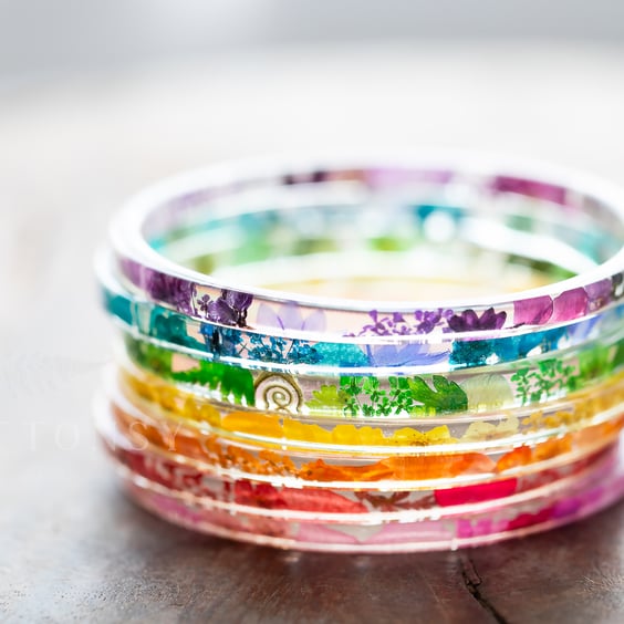 Real Flower Rainbow Stacking Bangles Set