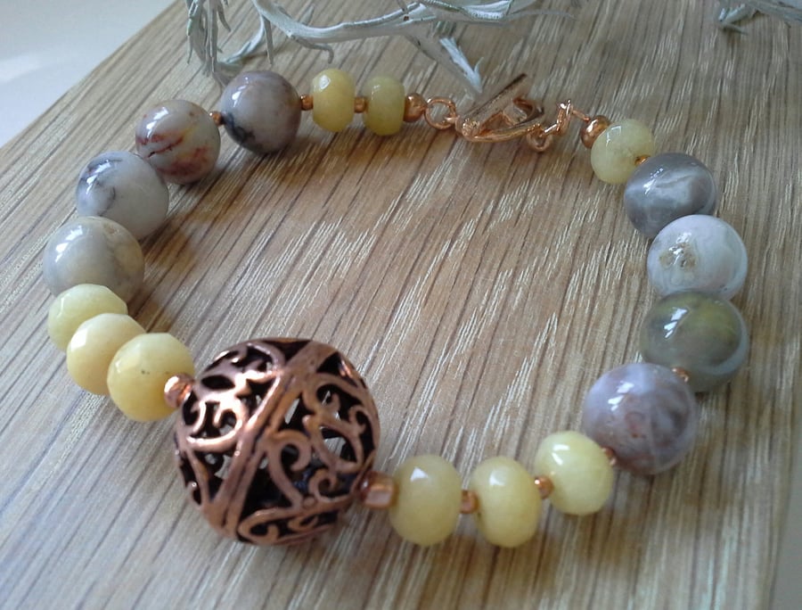 Agate, Yellow Jade & Large Copper Statement Copper Bead Bracelet
