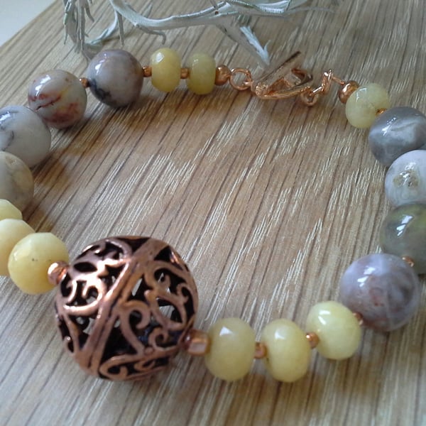 Agate, Yellow Jade & Large Copper Statement Copper Bead Bracelet