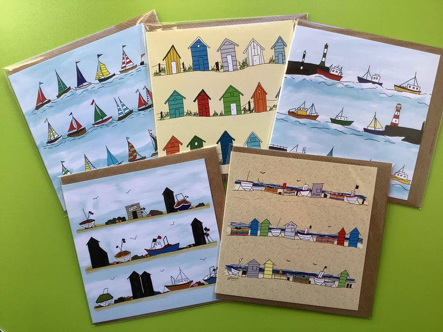 Beach huts and boats - pack of 5 coastal greetings cards