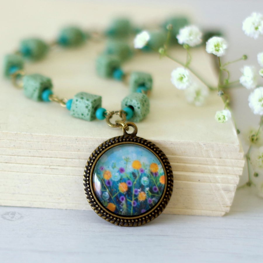 Turquoise Floral Pendant Necklace, Flowers Pendant, Mint Green Necklace  