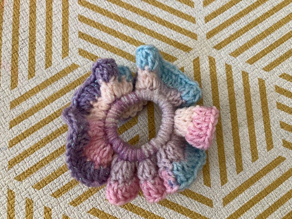 Colourful handmade crochet scrunchie