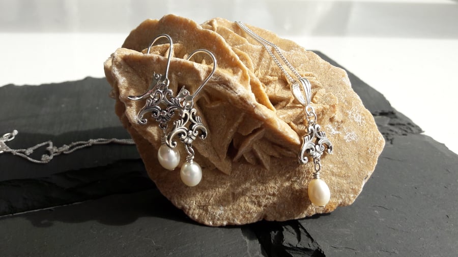 Cultured Pearl and Sterling Silver Necklace and Earring Set