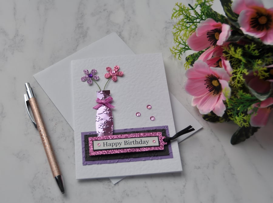 Happy Birthday 3D Card Vase of Flowers Pink Purple Glitter Luxury Handmade 