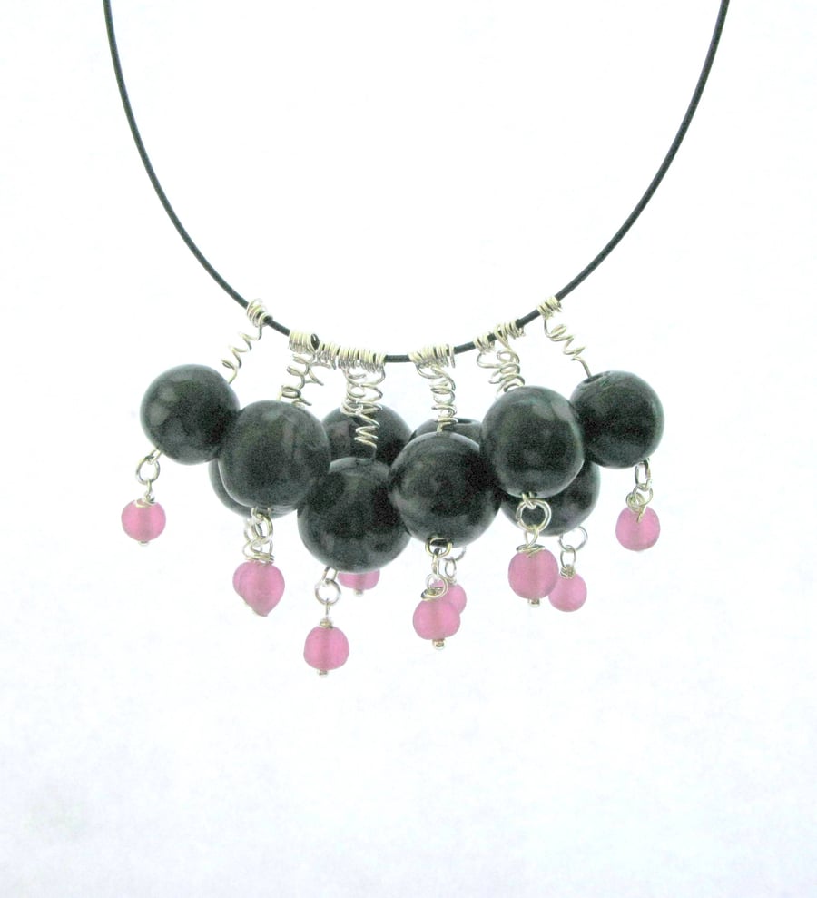 Unique bubble bead necklace with pink glass dangles