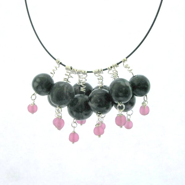 Unique bubble bead necklace with pink glass dangles