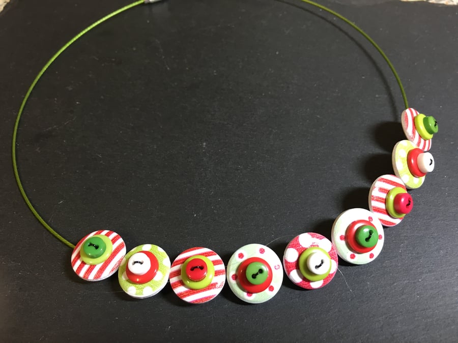 Button Necklace Spots and Stripes Wooden Button Choker Candy Cane